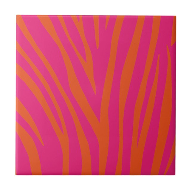 Hot Pink and Bright Orange Zebra Stripes Ceramic T Ceramic Tile (Front)