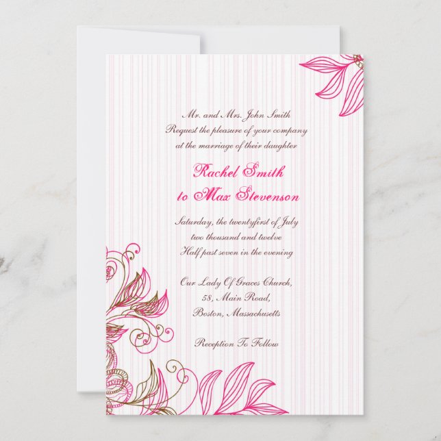 Hot Pink and Brown Floral Wedding Invitation (Front)