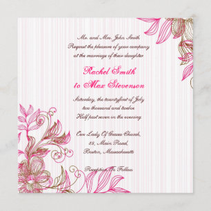Hot Pink and Brown Floral Wedding Invitation