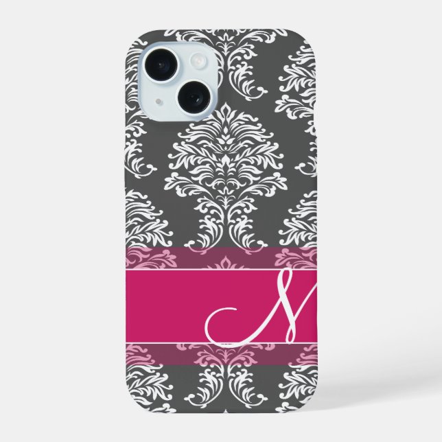 Hot Pink and Charcoal Damask Pattern with Monogram Iphone Case (Back)