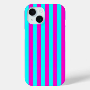 Hot Pink And Cyan Blue Green Turquoise Stripes iPhone 15 Case