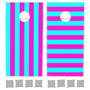 Hot Pink And Cyan Blue Green Turquoise Stripes Cornhole Set