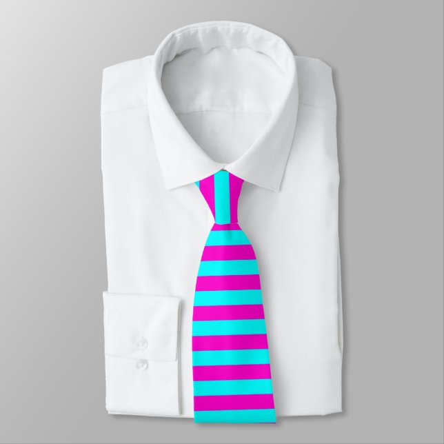 Hot Pink And Cyan Blue Green Turquoise Stripes Neck Tie (Tied)