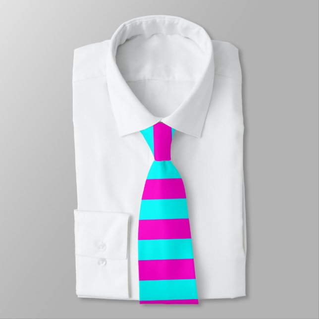 Hot Pink And Cyan Blue Green Turquoise Stripes Neck Tie (Tied)