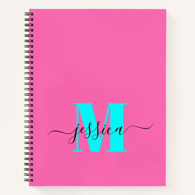 Hot Pink and Cyan Personalized Monogram Notebook (Front)