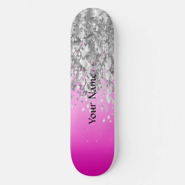 Hot pink and faux glitter skateboard deck (Front)