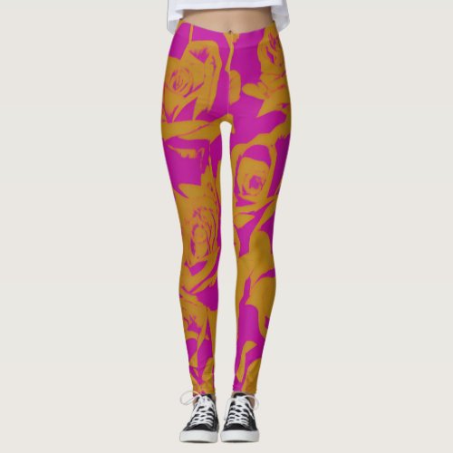Hot Pink and Faux_Gold Foil Roses Leggings