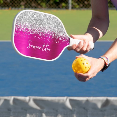 Hot Pink and Glittery Silver Glam Script Name Pickleball Paddle