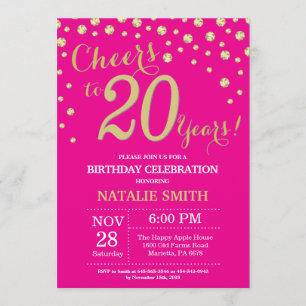 Hot Pink and Gold 20th Birthday Diamond Invitation