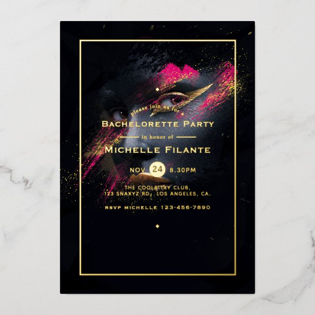 Hot-Pink and Gold Bachelorette Party Foil Invitation (Front)