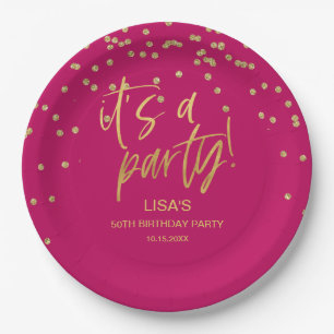 Hot Pink and Gold Birthday Paper Plates
