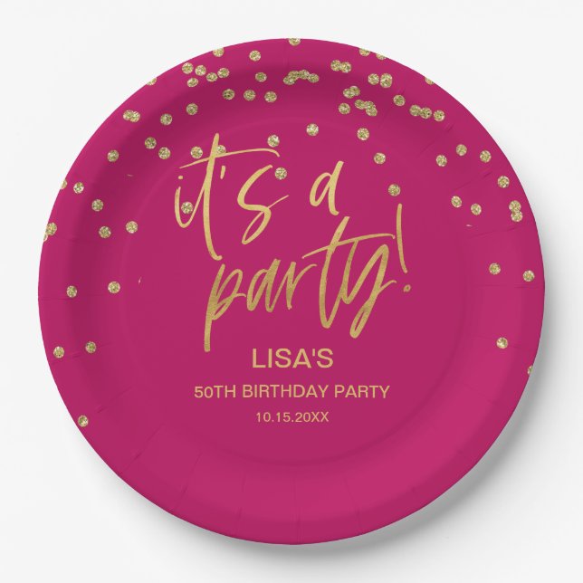 Hot Pink and Gold Birthday Paper Plates (Front)