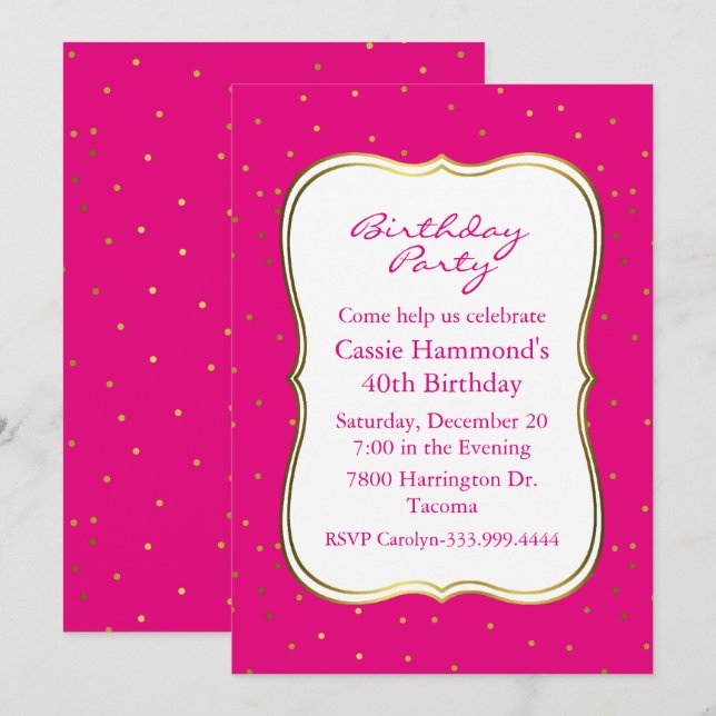 Hot Pink and Gold Birthday Party Invitation (Front/Back)