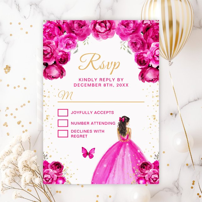 Hot Pink and Gold Brunette Hair Princess RSVP Card (Creator Uploaded)