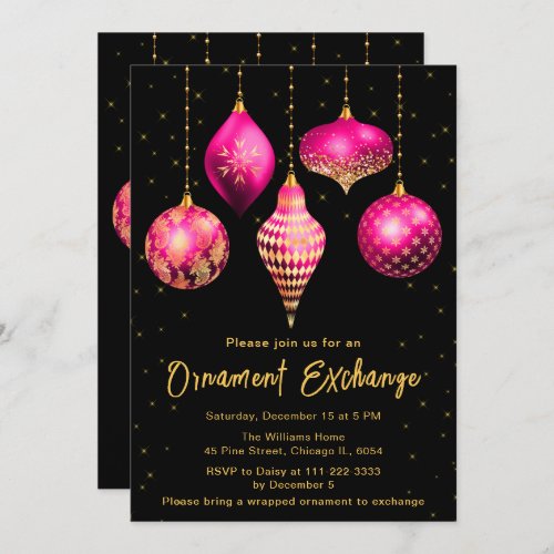 Hot Pink and Gold Christmas Ornament Exchange Invitation