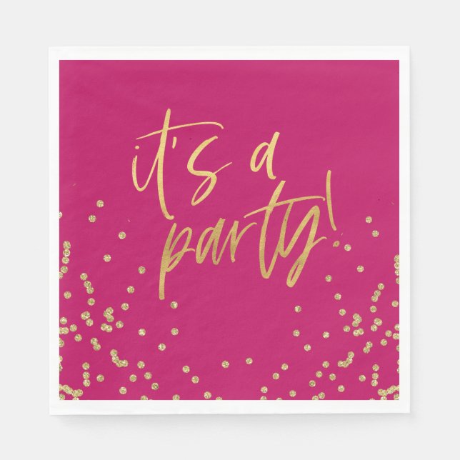 Hot Pink and Gold Confetti Party Napkins (Front)