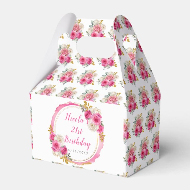 Hot Pink and Gold Elegant Flowers Birthday Favor Boxes (Front Side)