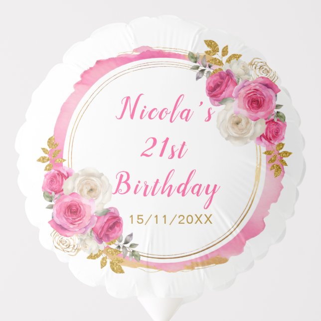 Hot Pink and Gold Elegant Flowers Birthday Party Balloon (Front)
