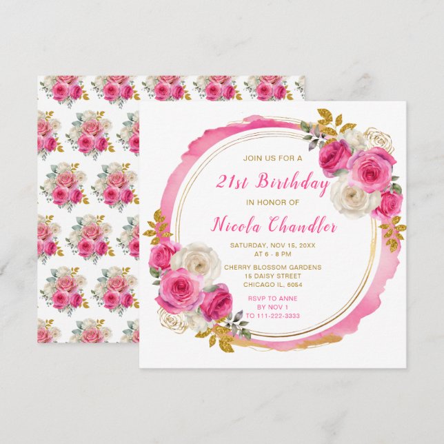 Hot Pink and Gold Elegant Flowers Birthday Party Invitation (Front/Back)