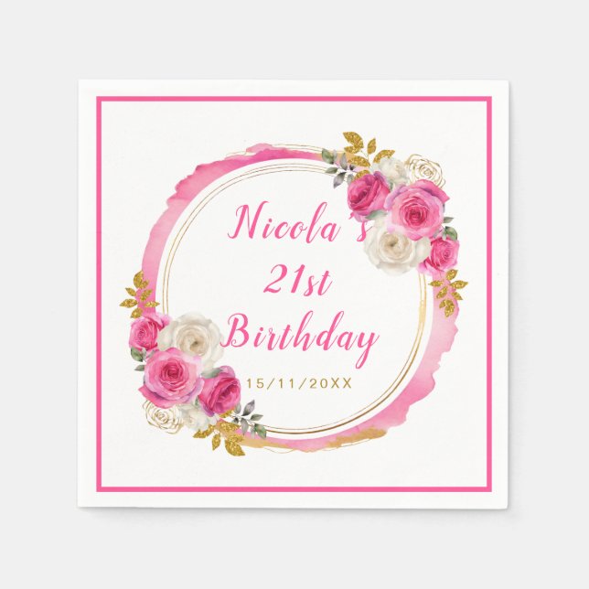 Hot Pink and Gold Elegant Flowers Birthday Party Napkins (Front)