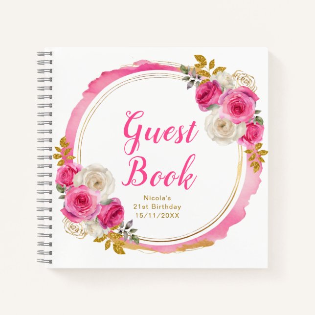 Hot Pink and Gold Elegant Flowers Birthday Party Notebook (Front)