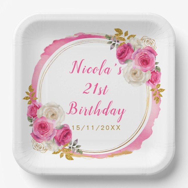 Hot Pink and Gold Elegant Flowers Birthday Party Paper Plates (Front)
