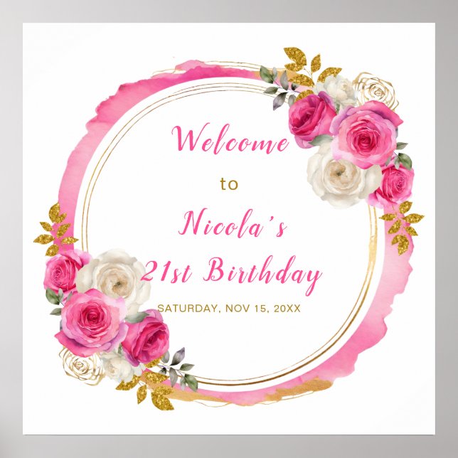 Hot Pink and Gold Elegant Flowers Birthday Party Poster (Front)