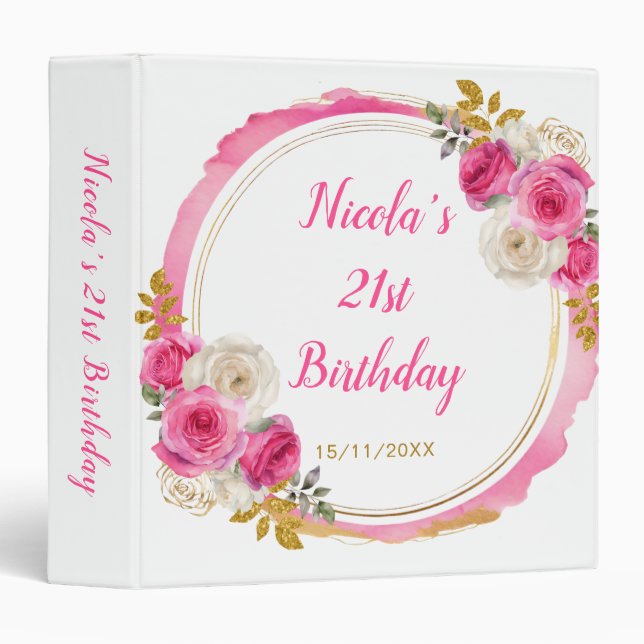 Hot Pink and Gold Elegant Flowers Birthday Photo 3 Ring Binder (Front/Spine)