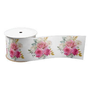 Hot Pink and Gold Elegant Flowers Satin Ribbon