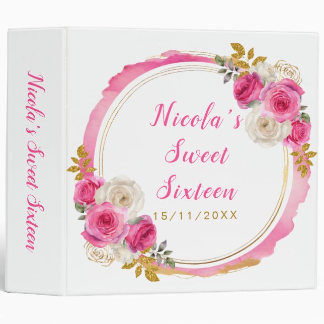 Hot Pink and Gold Elegant Flowers Sweet Sixteen 3 Ring Binder (Front/Spine)