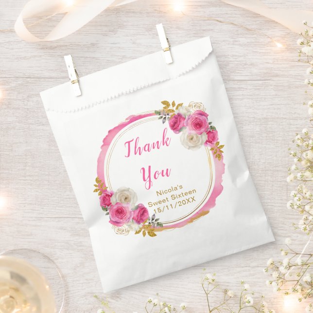 Hot Pink and Gold Elegant Flowers Sweet Sixteen Favor Bag (Clipped)
