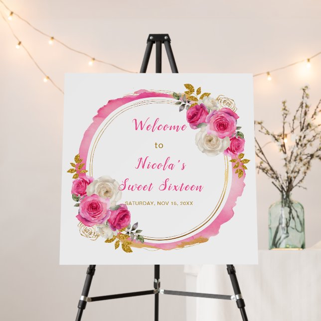Hot Pink and Gold Elegant Flowers Sweet Sixteen Foam Board (In Situ (Stand))