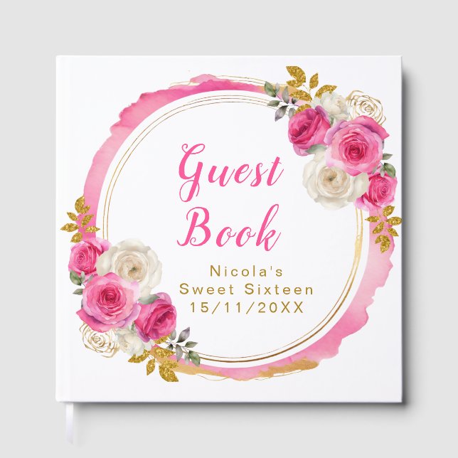Hot Pink and Gold Elegant Flowers Sweet Sixteen Guest Book (Front)