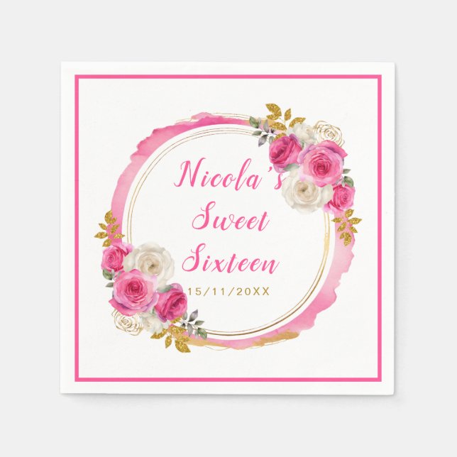 Hot Pink and Gold Elegant Flowers Sweet Sixteen Napkins (Front)