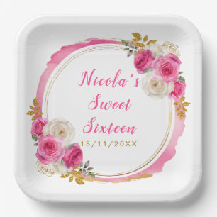 Hot Pink and Gold Elegant Flowers Sweet Sixteen Paper Plates