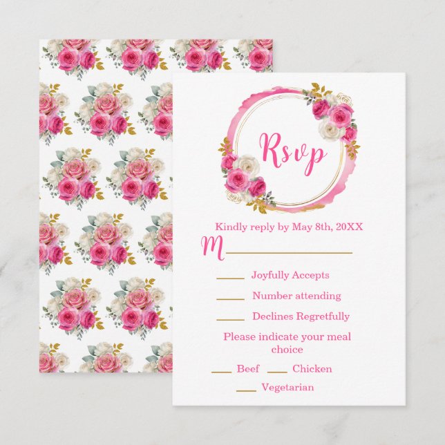 Hot Pink and Gold Elegant Flowers Sweet Sixteen RSVP Card (Front/Back)