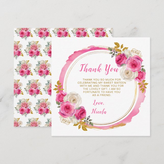 Hot Pink and Gold Elegant Flowers Sweet Sixteen Thank You Card (Front/Back)