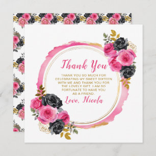 Hot Pink and Gold Elegant Flowers Sweet Sixteen Thank You Card