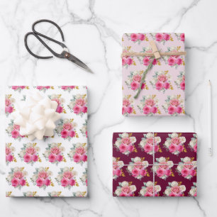 Hot Pink and Gold Elegant Flowers Wrapping Paper Sheets