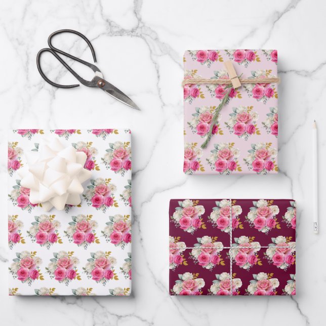Hot Pink and Gold Elegant Flowers Wrapping Paper Sheets (Front)