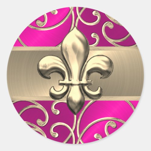 Hot Pink and Gold Filigree Swirls Fleur de Lis Classic Round Sticker