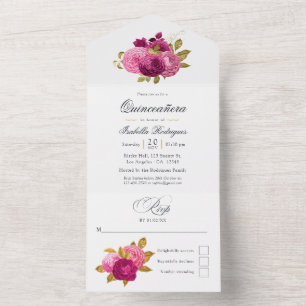 Hot-Pink and Gold Floral Quinceañera All In One Invitation