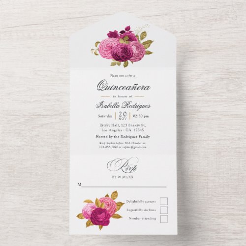 Hot_Pink and Gold Floral Quinceaera All In One Invitation