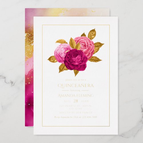 Hot_Pink and Gold Floral Quinceaera Foil Invitation