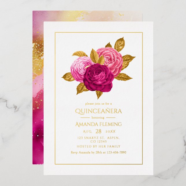 Hot-Pink and Gold Floral Quinceañera Foil Invitation (Front/Back)
