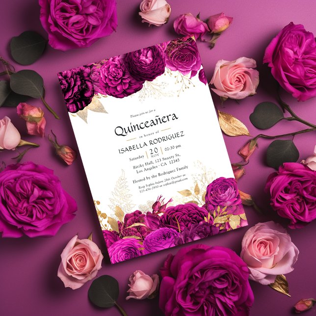 Hot-Pink and Gold Floral Quinceañera Invitation (Creator Uploaded)