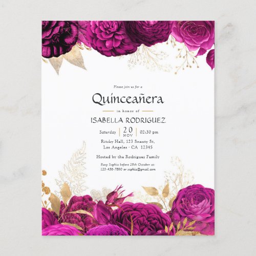 Hot_Pink and Gold Floral Quinceaera Invitation Flyer