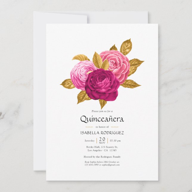Hot-Pink and Gold Floral Quinceañera Photo Invitat Invitation (Front)