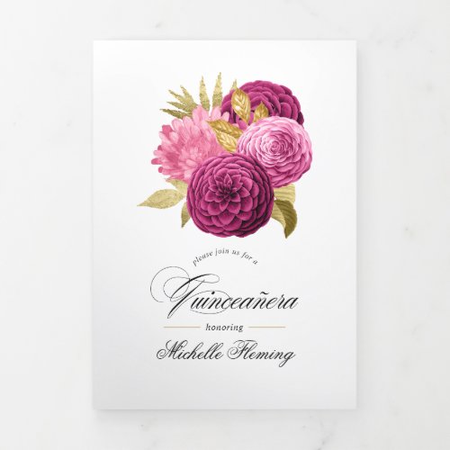 Hot_Pink and Gold Floral Quinceaera Photo Tri_Fol Tri_Fold Invitation