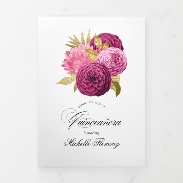 Hot-Pink and Gold Floral Quinceañera Photo Tri-Fol Tri-Fold Invitation (Cover)